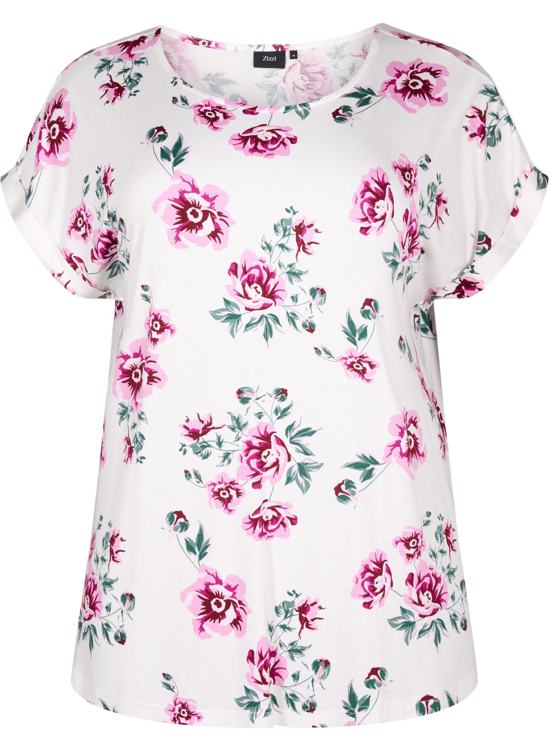 Zizzi Viscose blouse met korte mouwen en bloemen, White Pink AOP, Packshot image number 0
