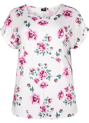 Viscose blouse met korte mouwen en bloemen, White Pink AOP, Packshot image number 0