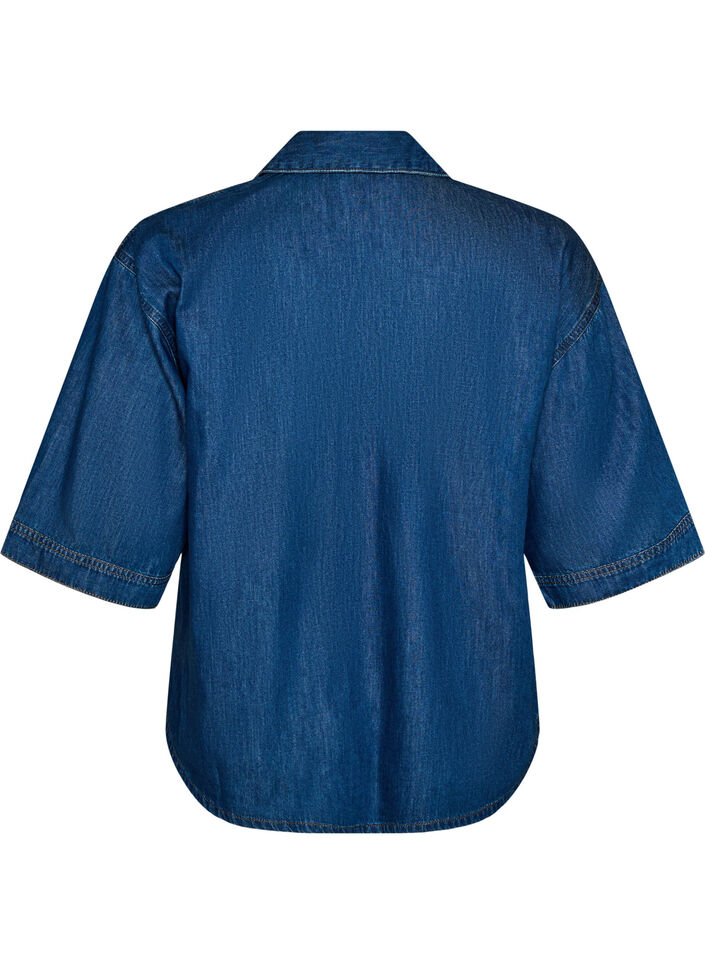 Denimblouse met borstzak en mouwen tot de elleboog, Blauw, Packshot image number 1
