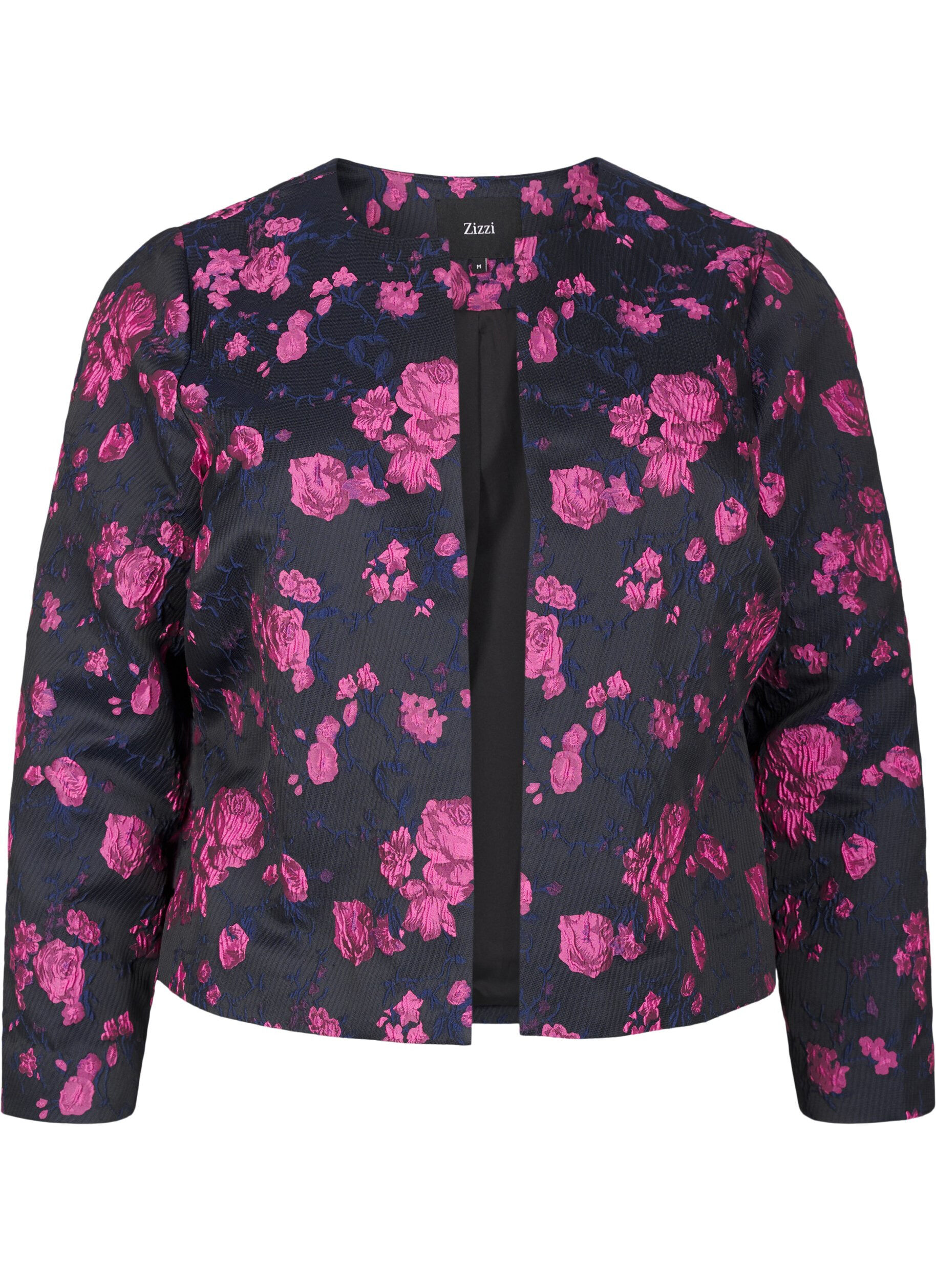 Zizzi Jacquard jas met bloemenprint, Black w. Red Rose, Packshot image number 0