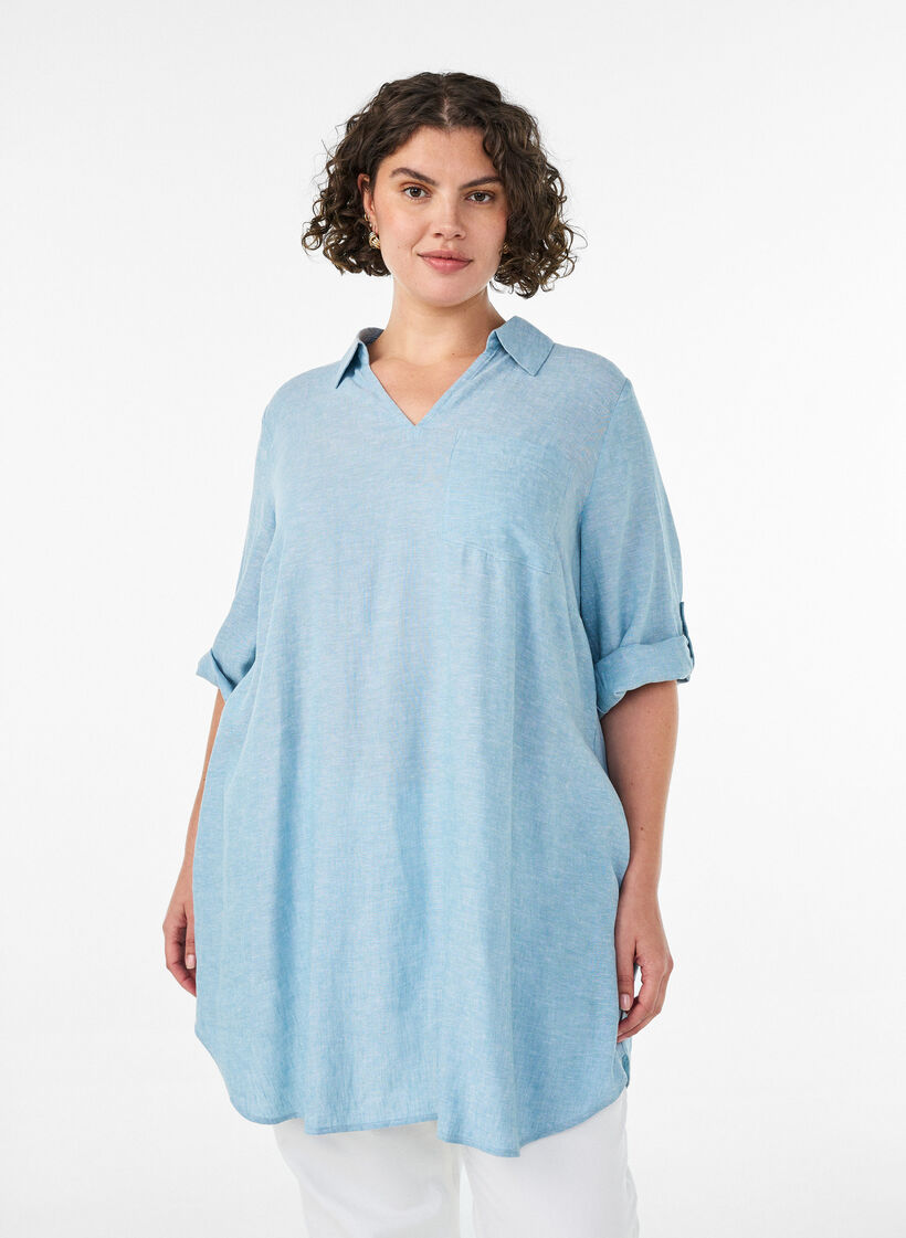 Tuniek van linnen en viscose met A-vorm, Blauw, Model image number 0