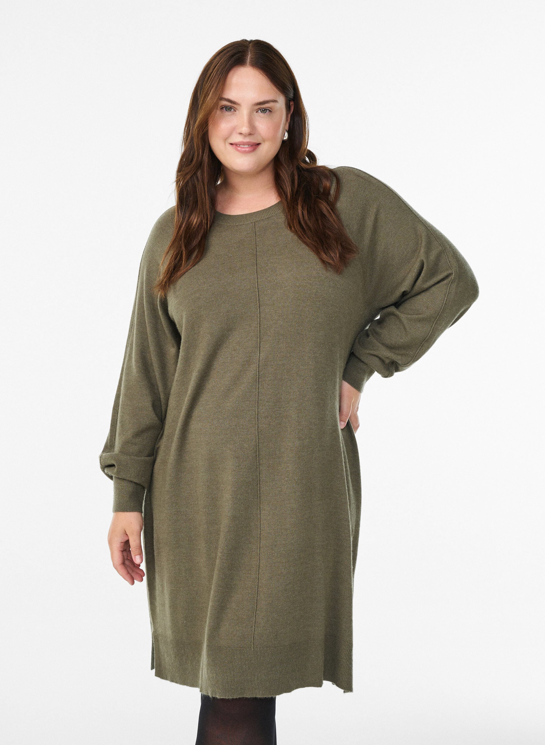 ZizziKorte gebreide jurk met raglanmouwen en een middennaad, Groen, Model image number 0