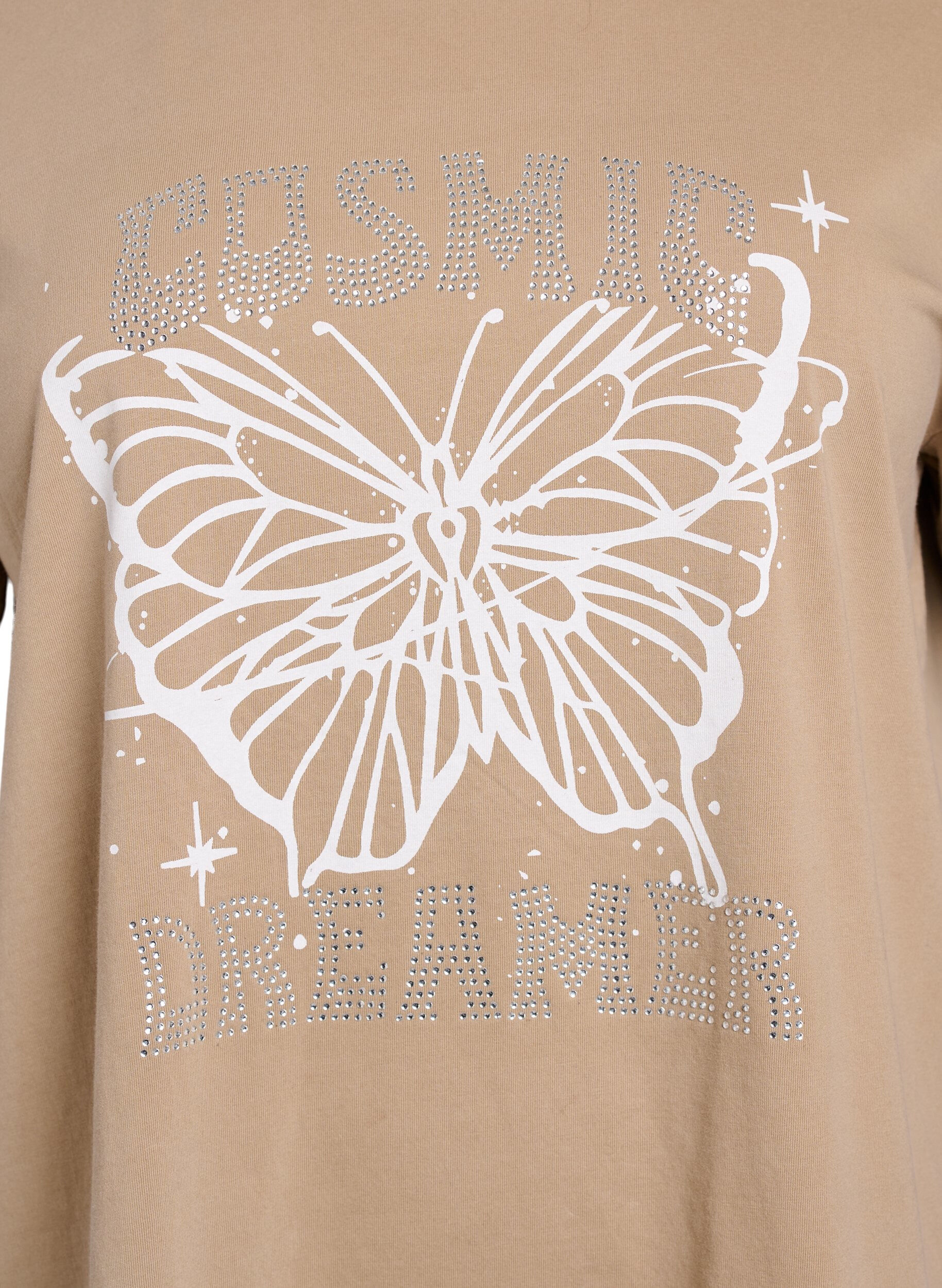Zizzi Biologisch katoenen T-shirt met strass en vlinder motief, Bruin, Packshot image number 2