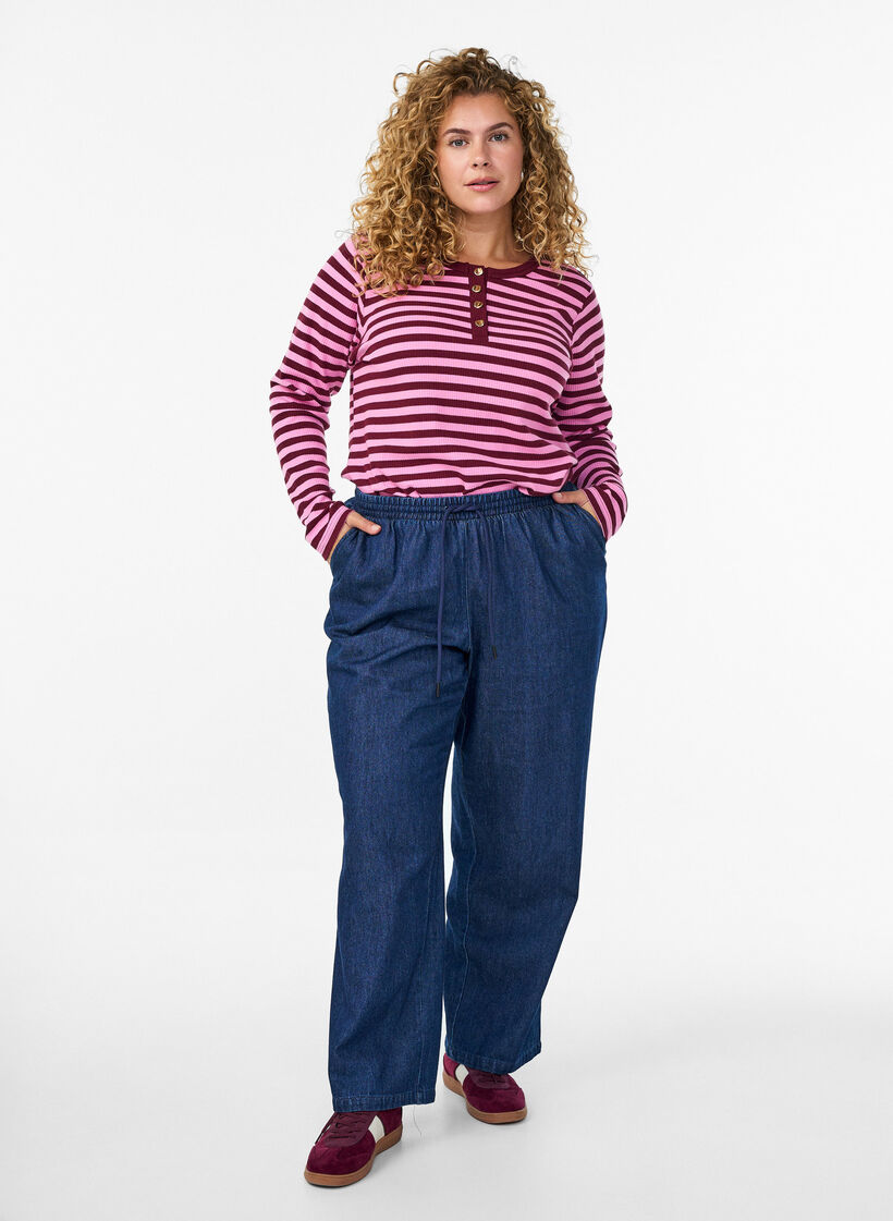 Gestreepte jersey blouse met een geribde textuur, Roze, Model image number 1