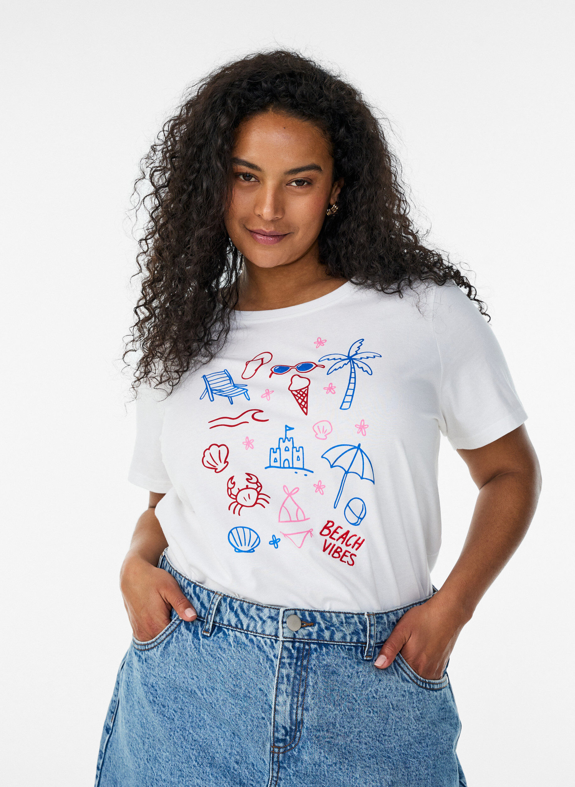 ZizziDit T-shirt van biologisch katoen met strandprint, Wit, Model image number 0