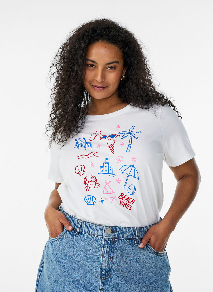 Dit T-shirt van biologisch katoen met strandprint, Wit, Model image number 0