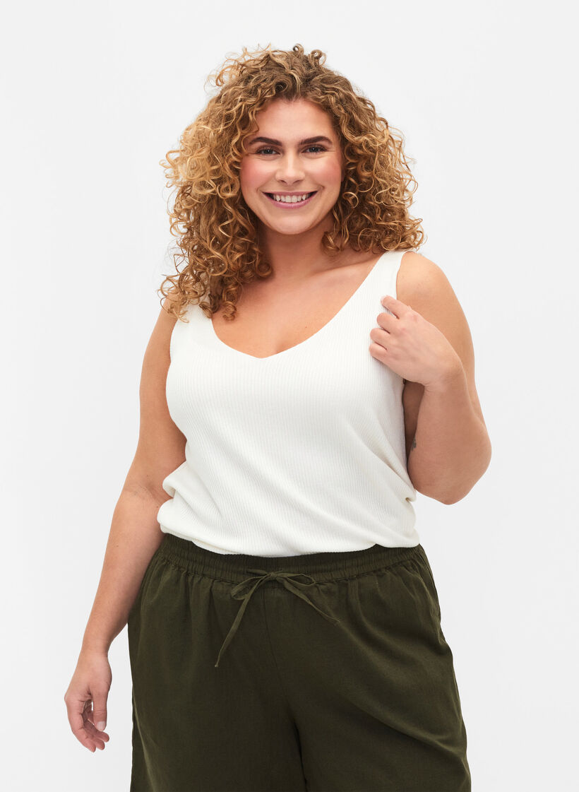 Gebreide top met v-hals, Cloud Dancer, Model image number 0