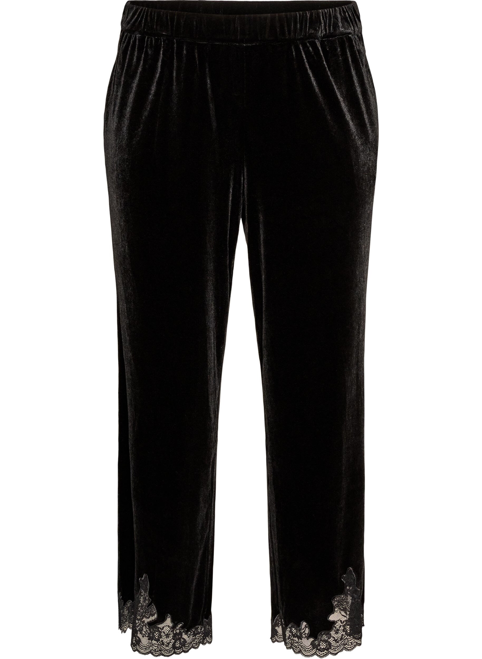 ZizziFluwelen broek met kanten rand en wijde pijpen, Zwart, Packshot image number 0