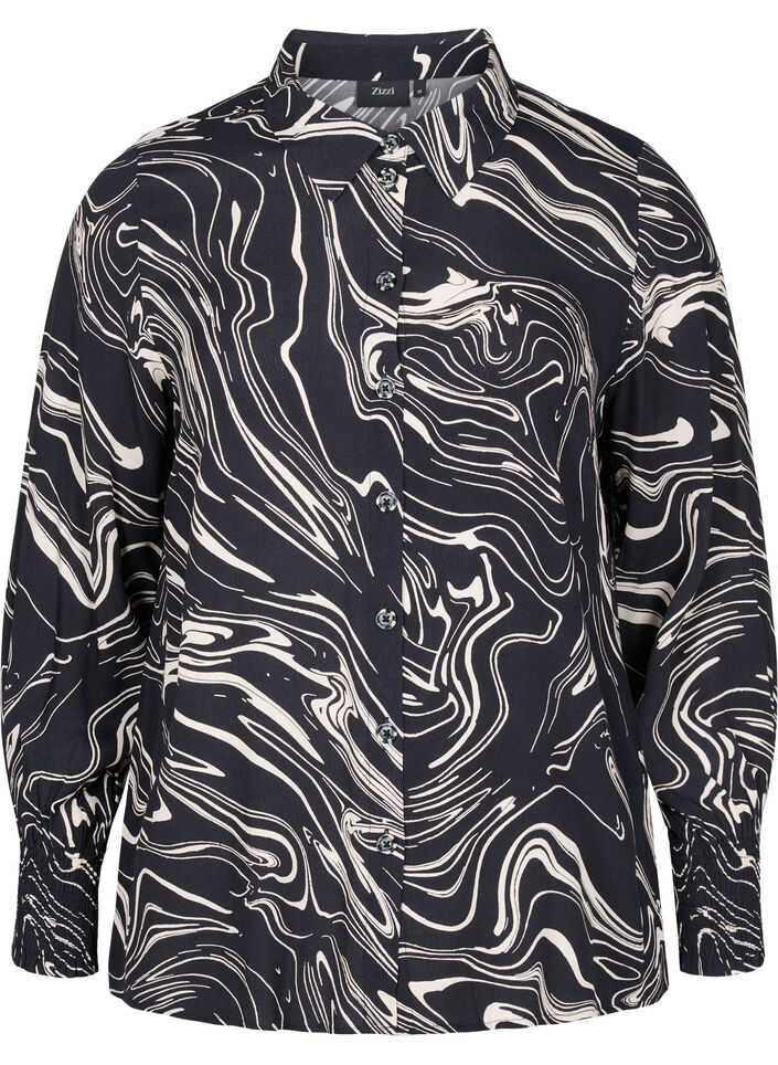 Viscose overhemd met lange mouwen en print, Black Swirl AOP, Packshot image number 0