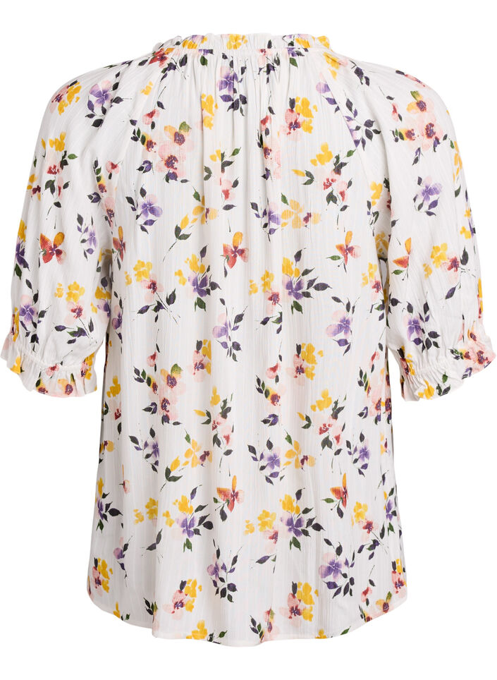 Gebloemde viscose blouse met halflange mouwen, Wit, Packshot image number 1