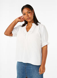 Viscose blouse met korte mouwen en ruches, Bright White, Model