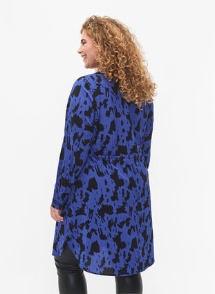 Bedrukte jurk met koord in de taille, Black Blue AOP, Model image number 1