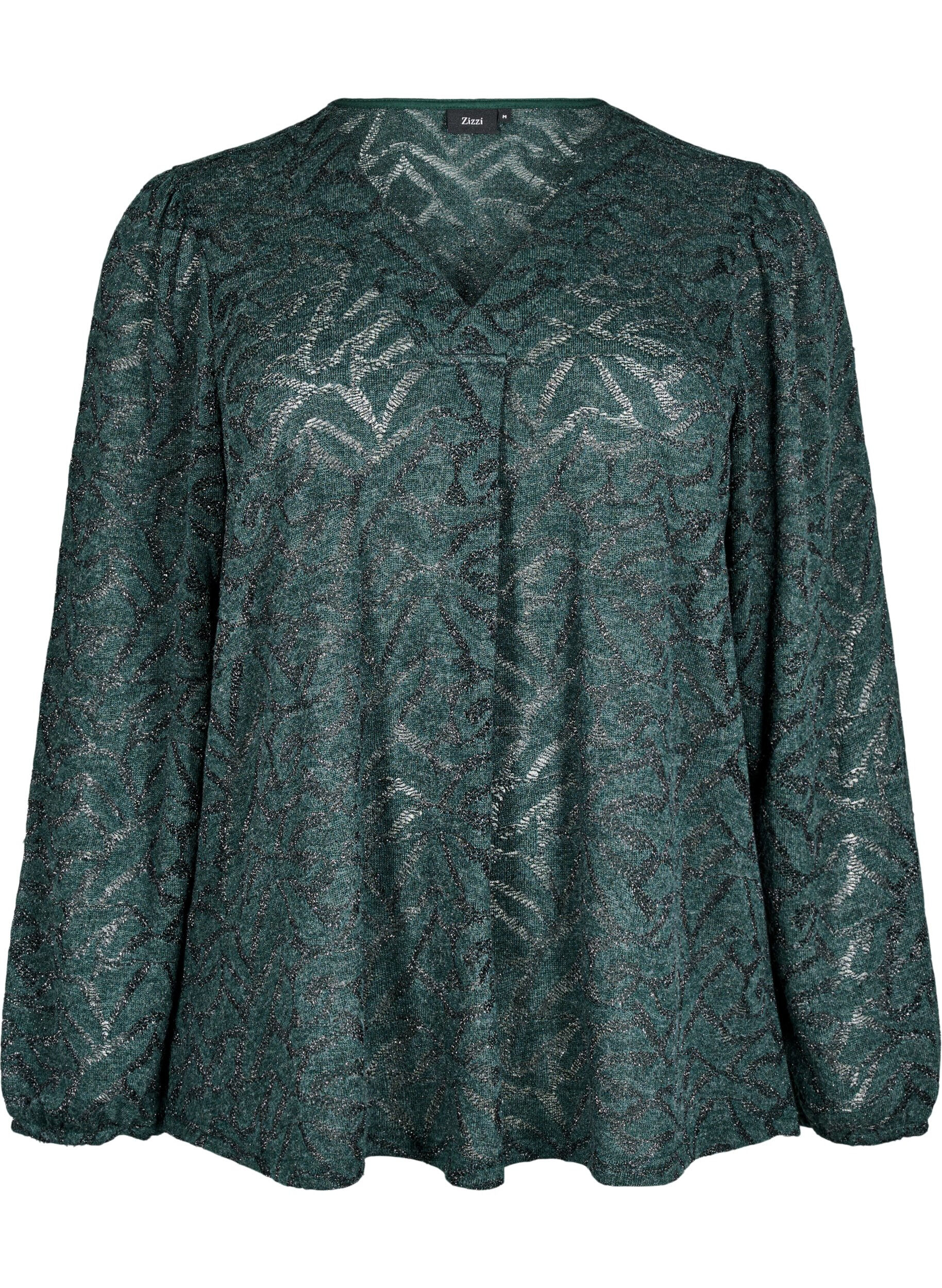 Zizzi Blouse met lange mouwen met glitter en patroon, Groen, Packshot image number 0