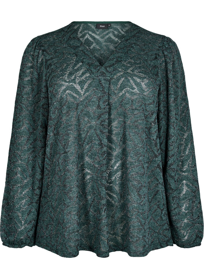 Blouse met lange mouwen met glitter en patroon, Groen, Packshot image number 0