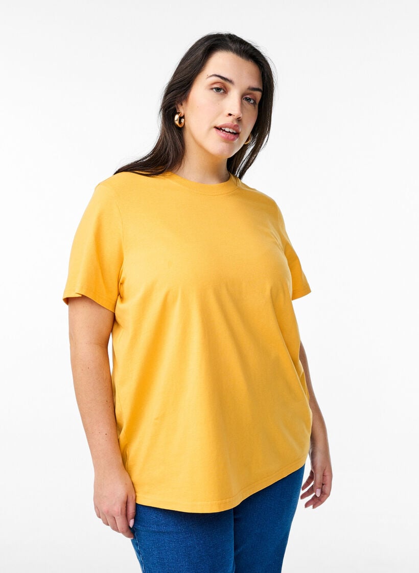 Basic katoenen T-shirt met ronde hals, Geel, Model image number 0