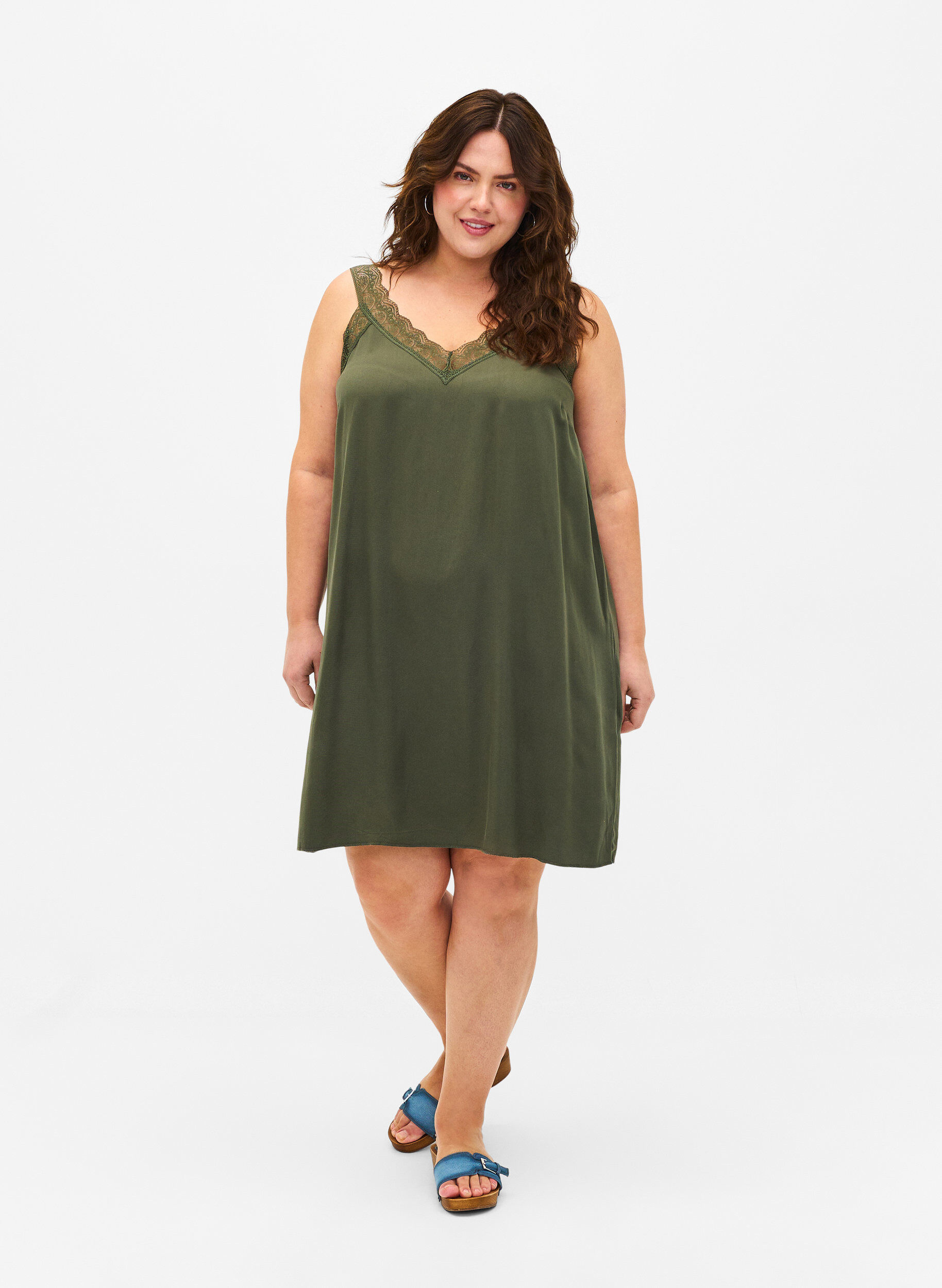 Zizzi Spaghetti-jurk van viscose met kant, Thyme, Model image number 2