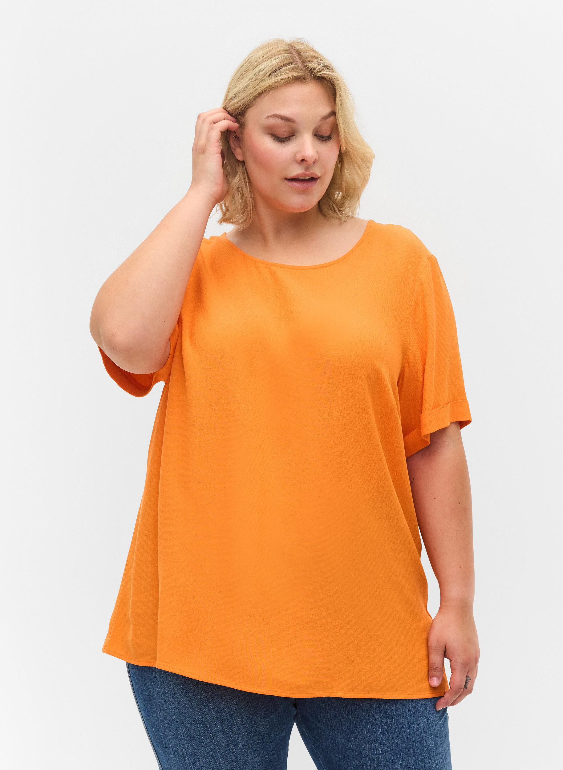 Zizzi Viscose top met korte mouwen, Orange Peel, Model image number 0