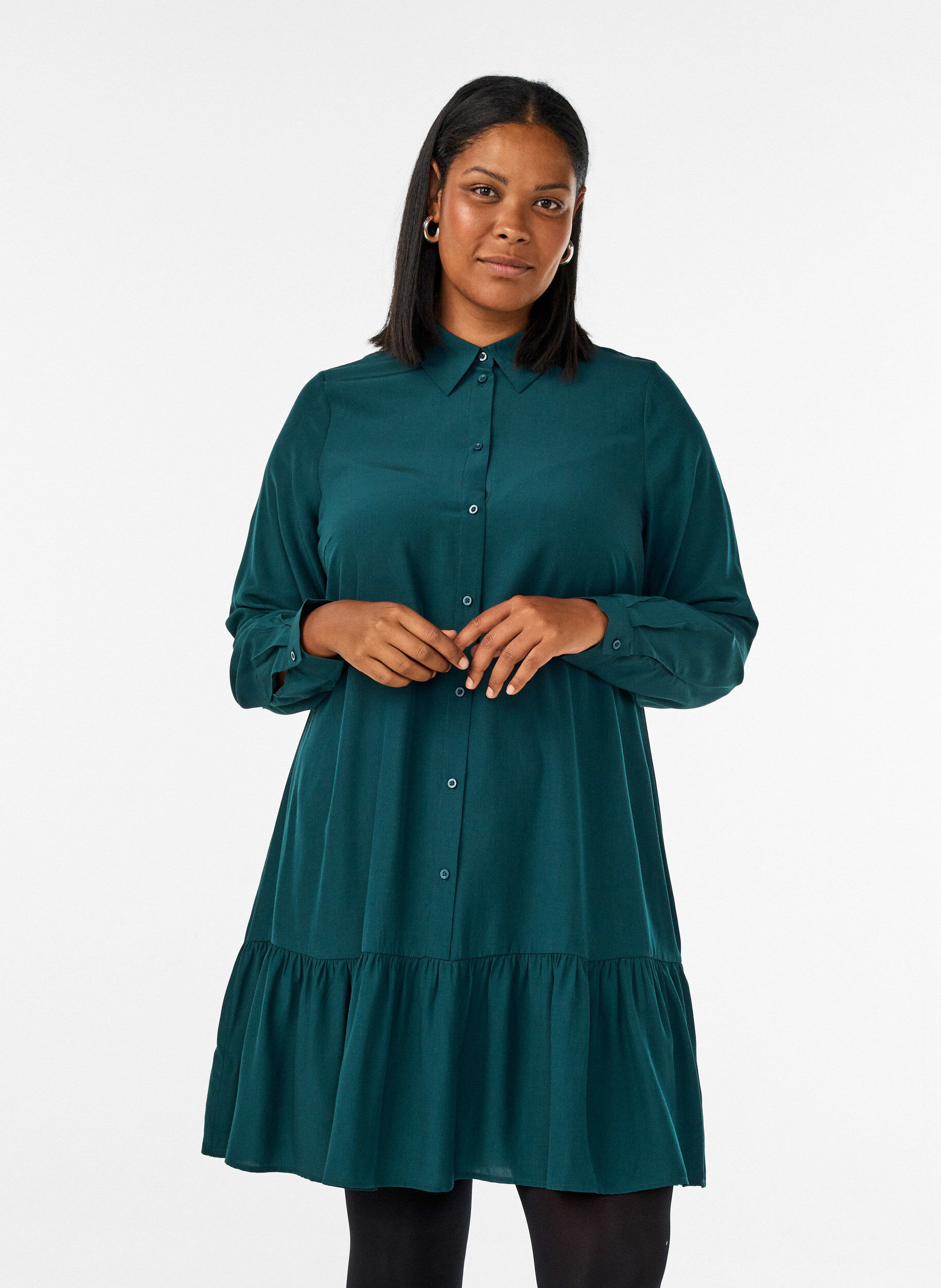 ZizziKorte overhemdjurk met ruchelaag, Groen, Model image number 0