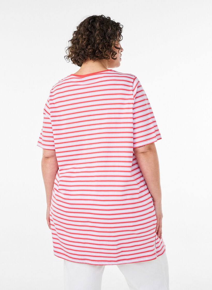 Lang oversized gestreept T-shirt in biologische katoen, Paars, Model image number 2