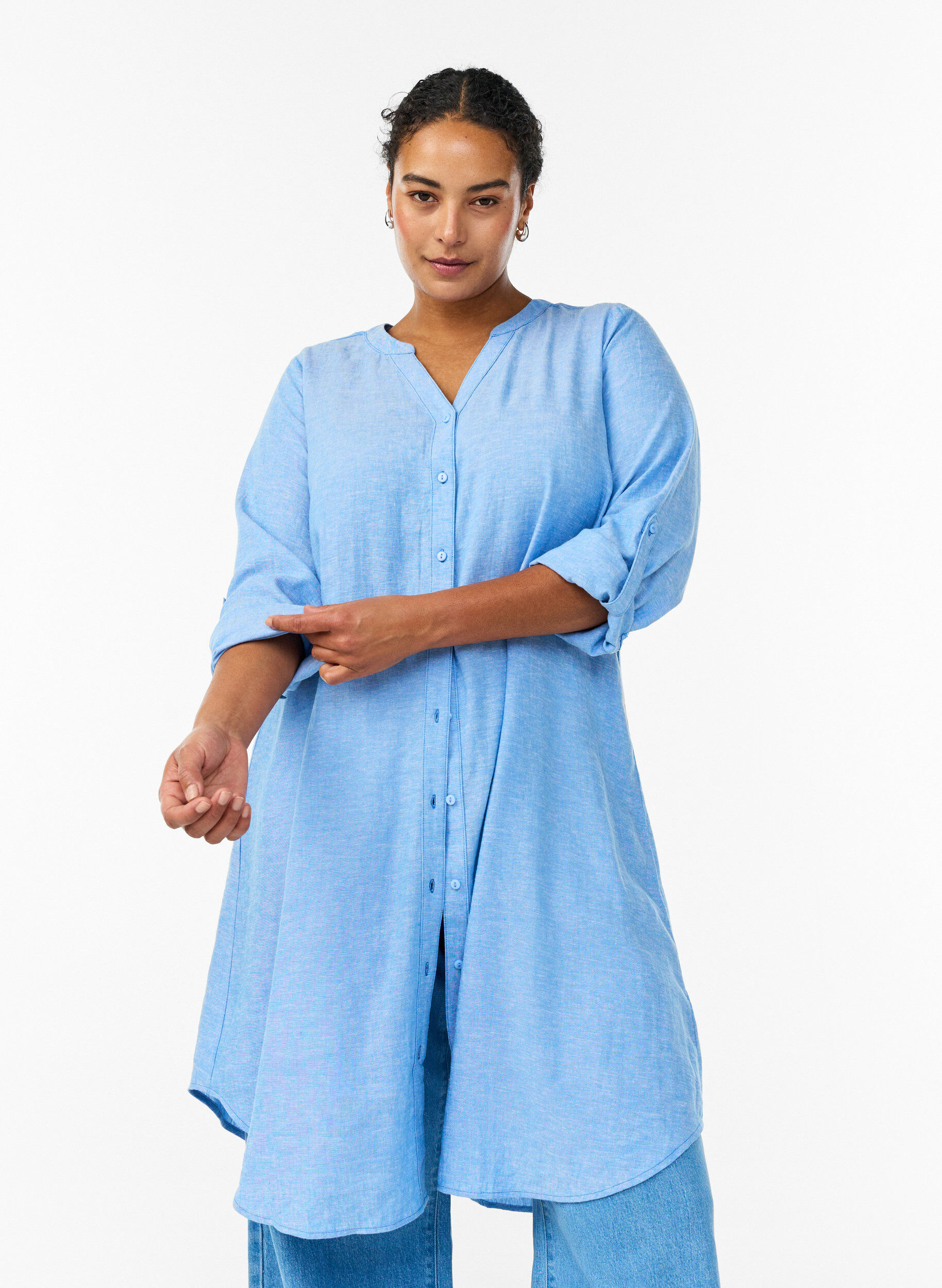 ZizziLang shirt in linnen en viscose, Blauw, Model image number 0