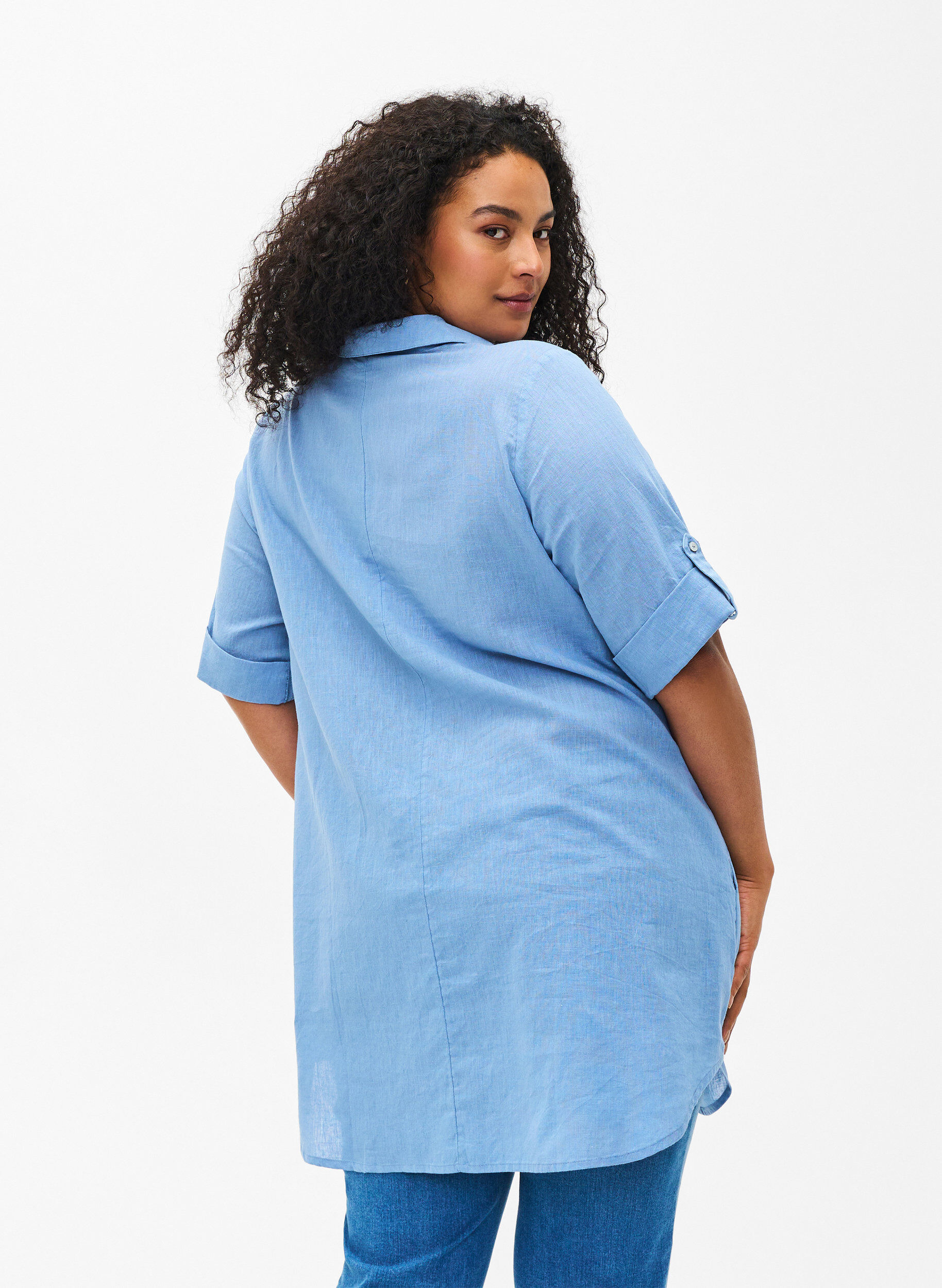 Zizzi Tuniek van katoenmix met korte mouwen en linnen, Faded Denim, Model image number 1