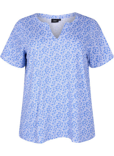 Gebloemd katoenen t-shirt met v-hals, Ultramarine AOP, Packshot image number 0