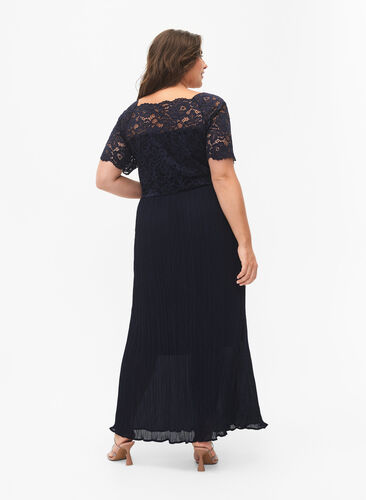 Maxi-jurk met korte mouwen, plissé en kant, Night Sky, Model image number 1