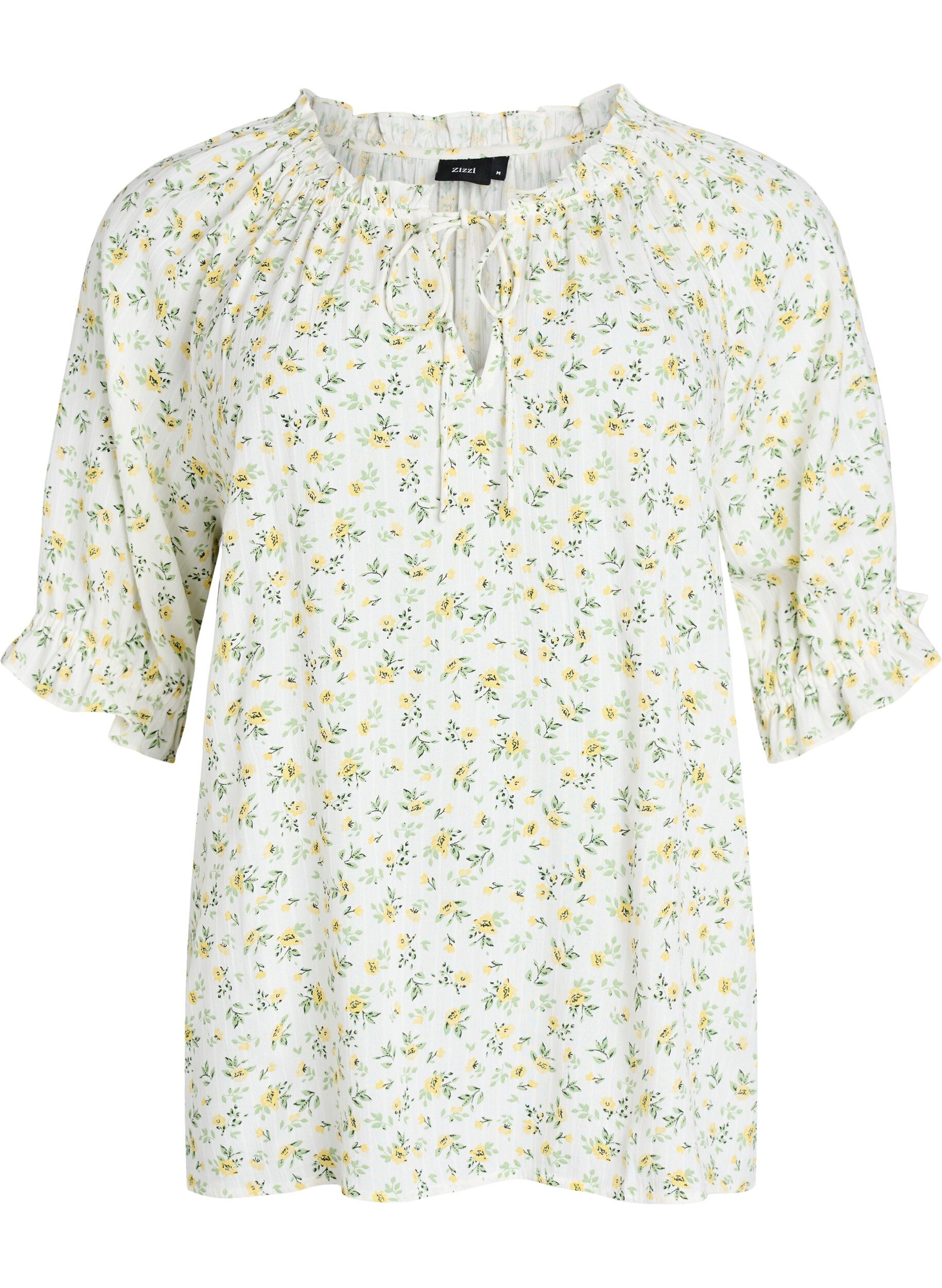 ZizziGebloemde viscose blouse met halflange mouwen, Wit, Packshot image number 0