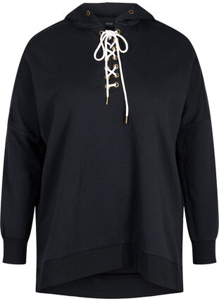 Sweatshirt met capuchon en contrasterend koord, Black, Packshot image number 0