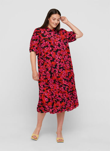 Viscose maxi-jurk met bloemen, RED FLOWER AOP, Model image number 0