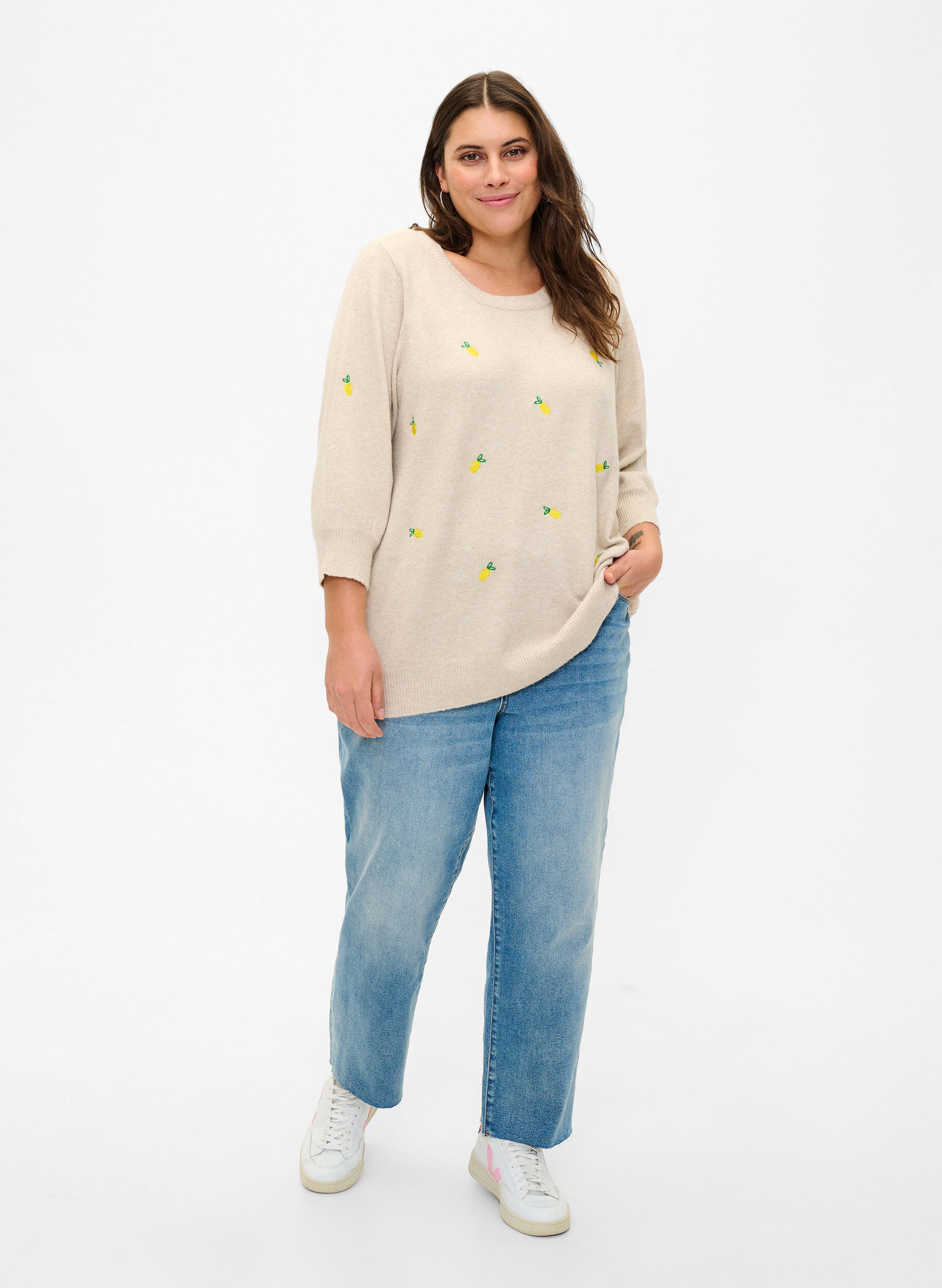 Zizzi Gebreide blouse met 3/4-mouwen en citroenen, P. Stone Mel. Lemon, Model image number 2