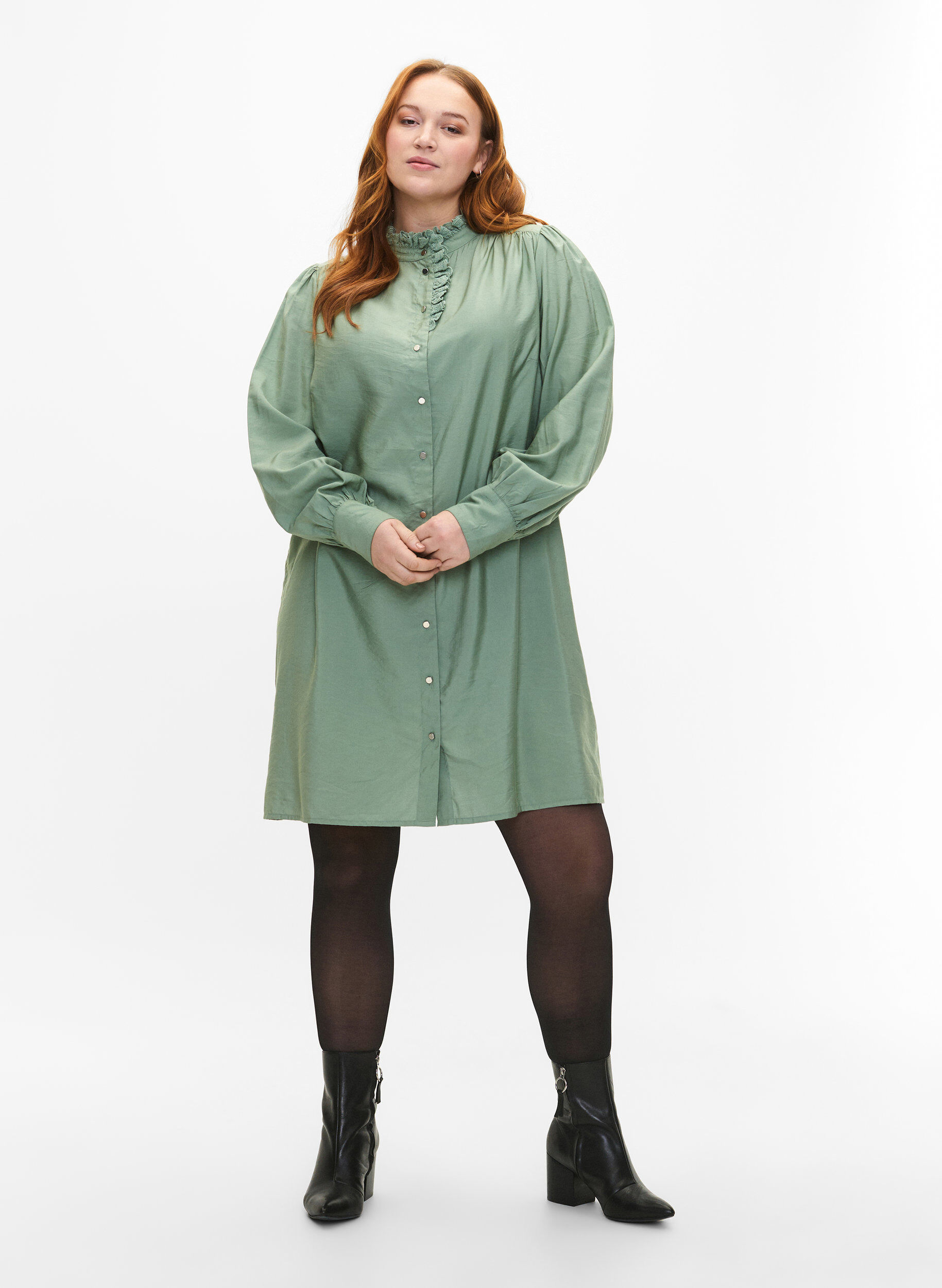 Zizzi Viscose Shirt Jurk met ruffles, Groen, Model image number 1