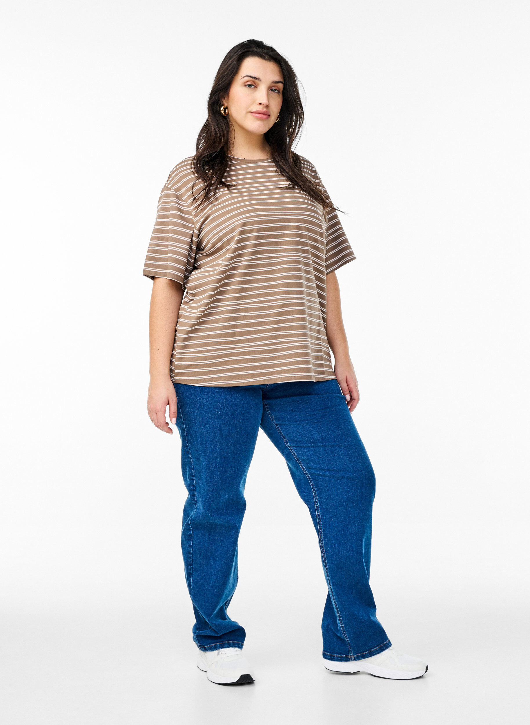 Zizzi Gestreepte T-shirt, Bruin, Model image number 1