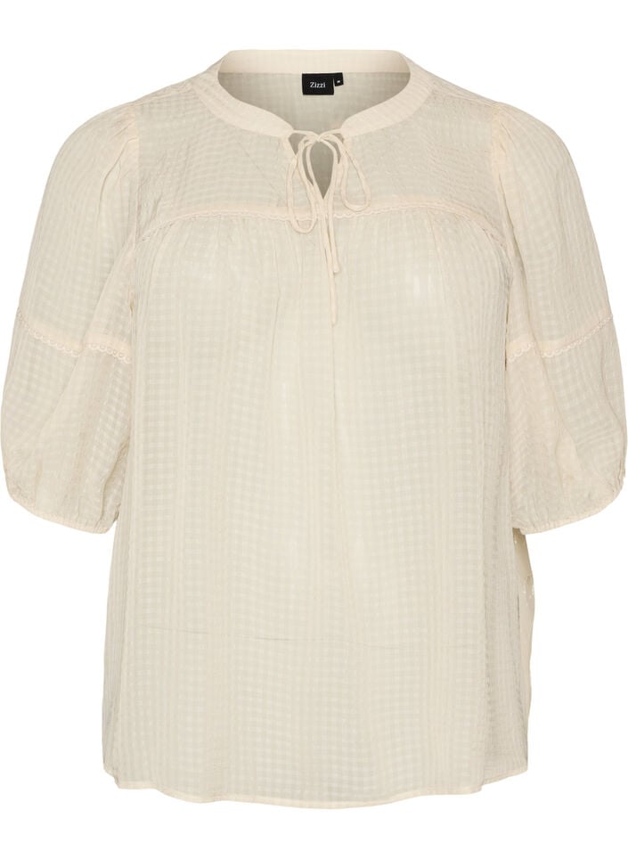 Blouse in seersucker met strikkoord, Beige, Packshot image number 0