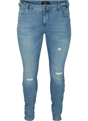 Extra slim fit Sanna jeans met slijtagedetails, Light blue denim, Packshot image number 0