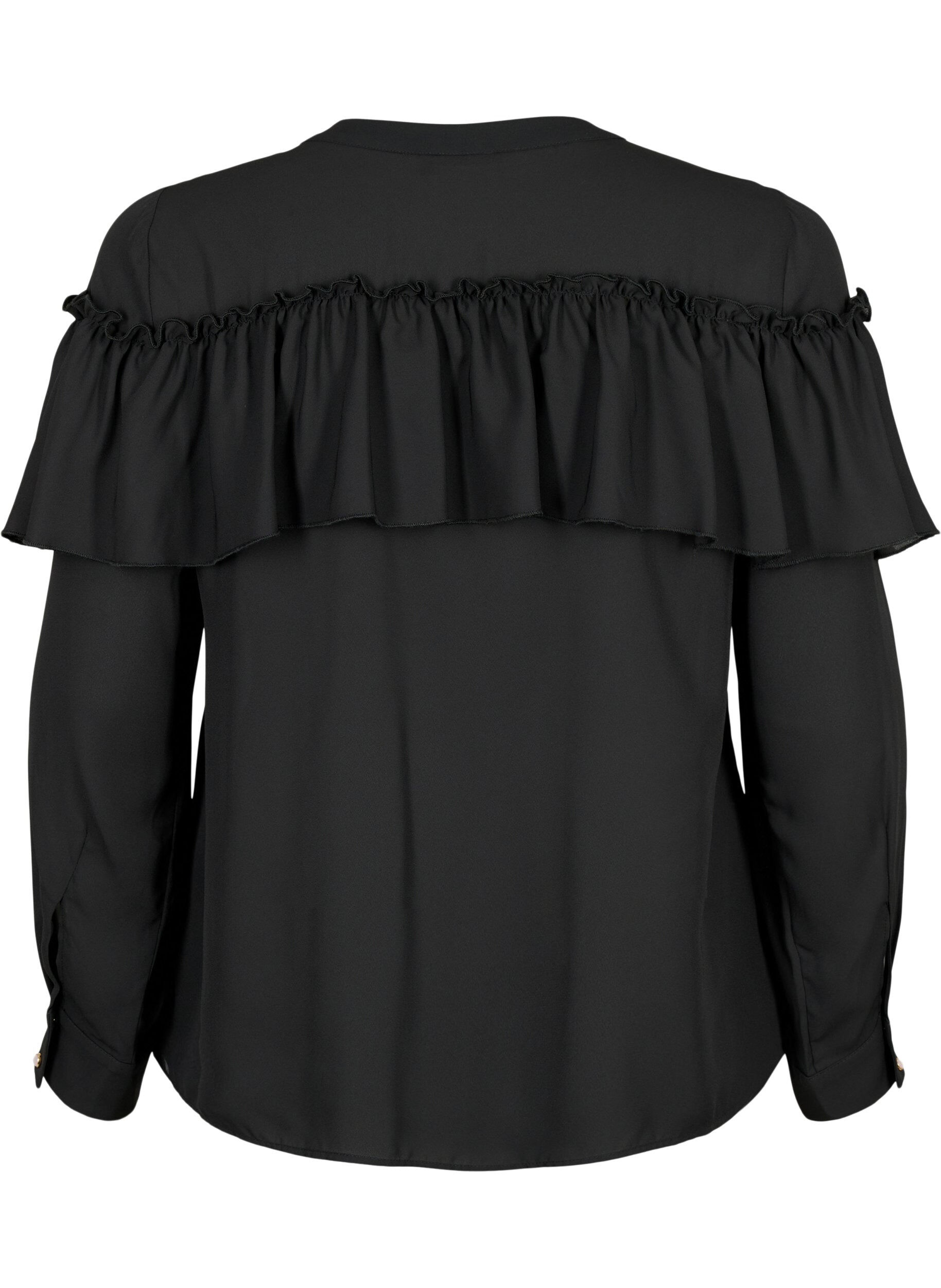 Zizzi Ruche blouse met parelknopen, Black, Packshot image number 1