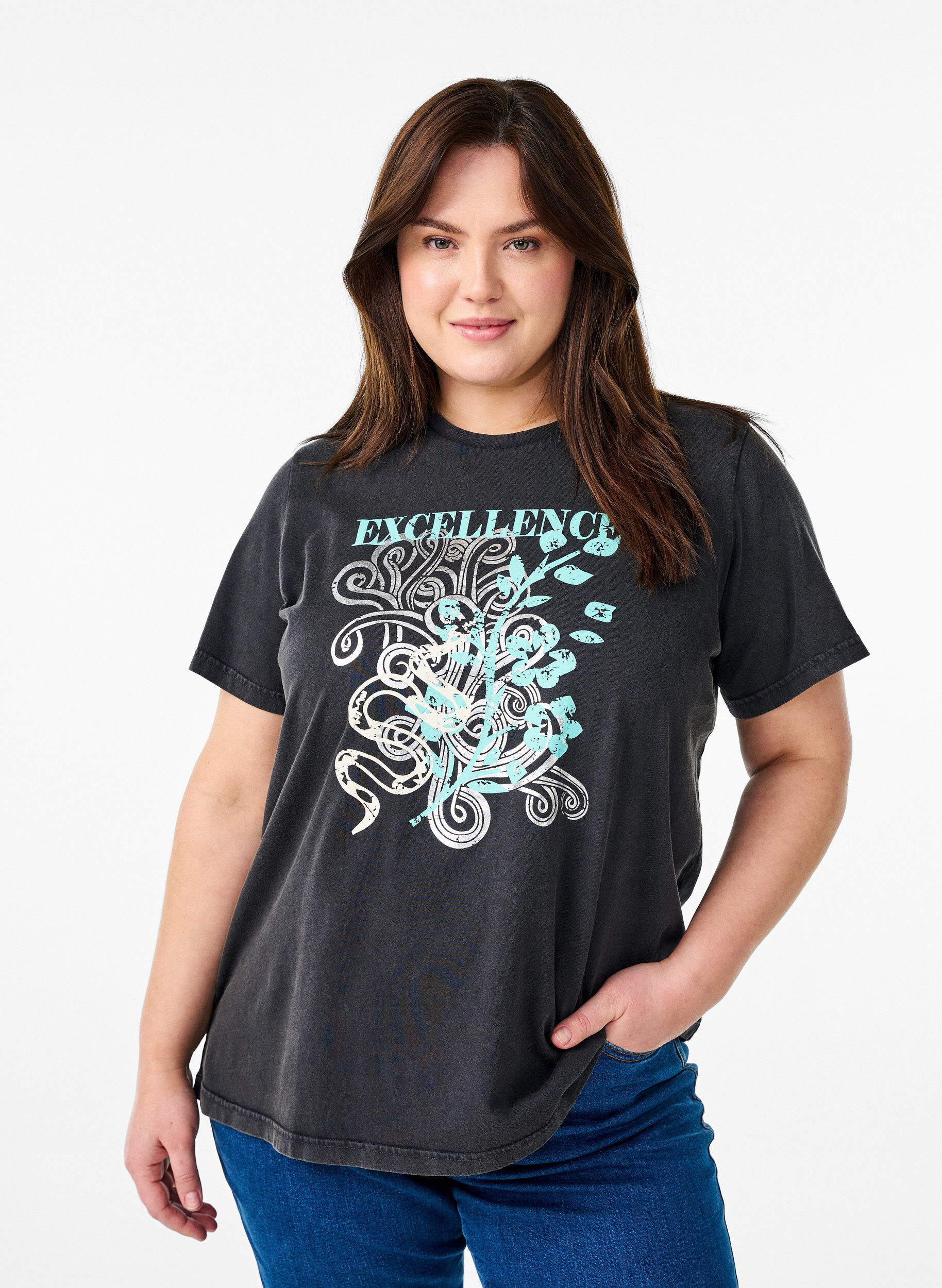 Zizzi T-shirt in biologisch katoen met een coole print, Grijs, Model image number 0