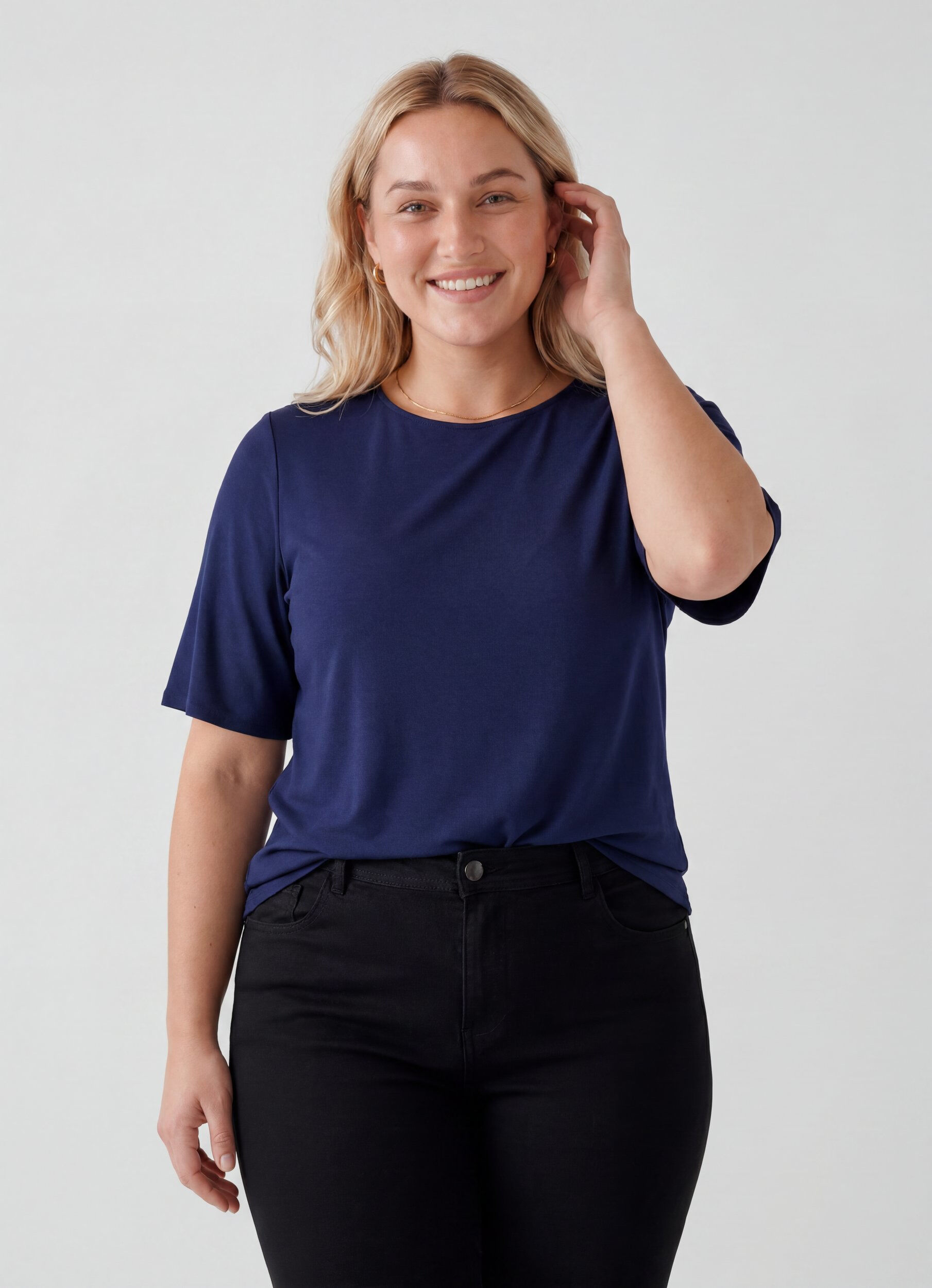 Geweven blouse met korte mouwen en ronde hals, Blauw, Model