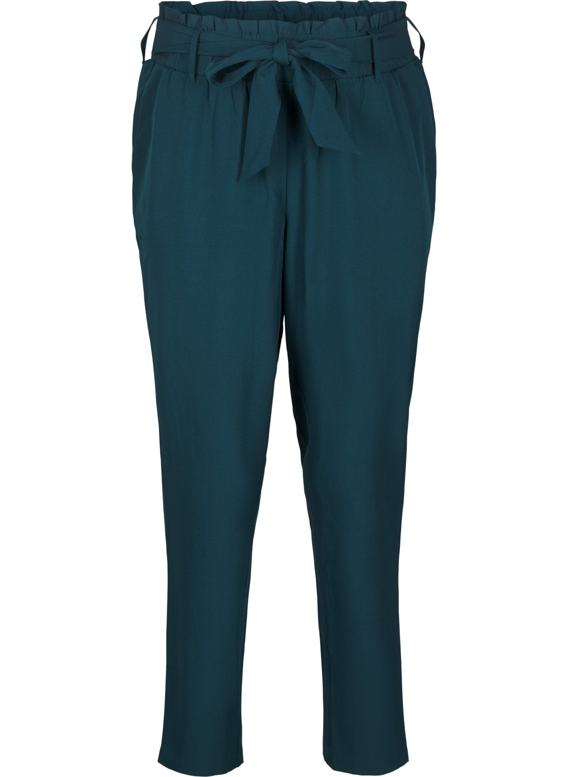 Zizzi High-waist broek met ruches en een strikriem, Sea Moss Melange, Packshot image number 0