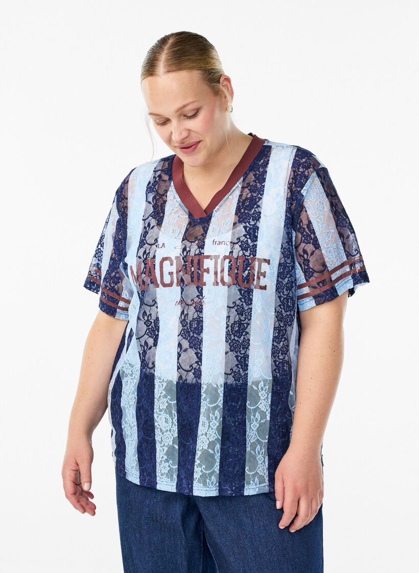 Gestreepte kanten blouse met opvallende print, Blauw, Model image number 0