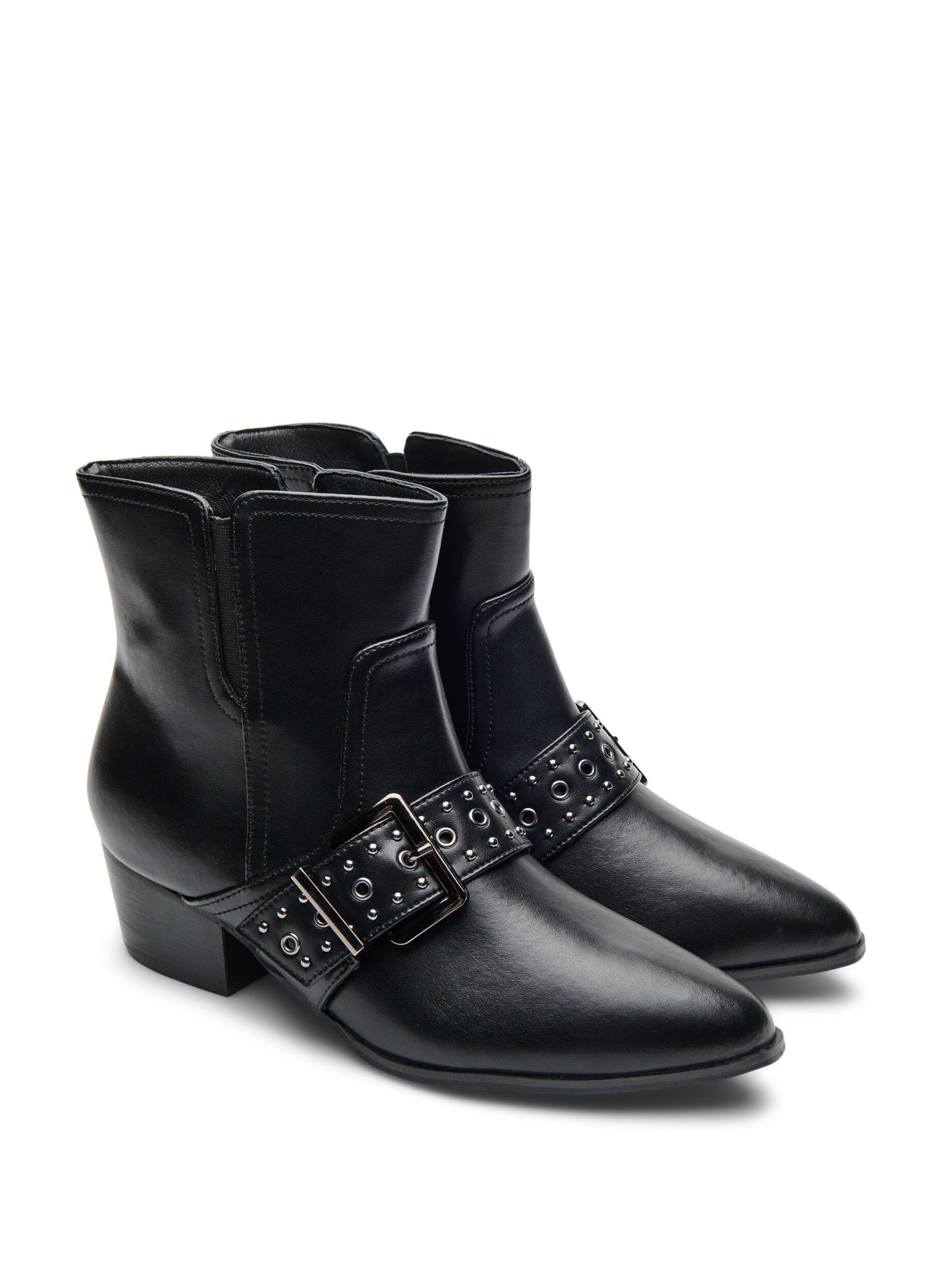 ZizziEnkellaars van leer met gesp en studs, Zwart, Packshot image number 1