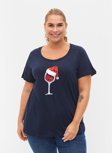 Kerst t-shirt in katoen, Navy Blazer Wine, Model image number 0