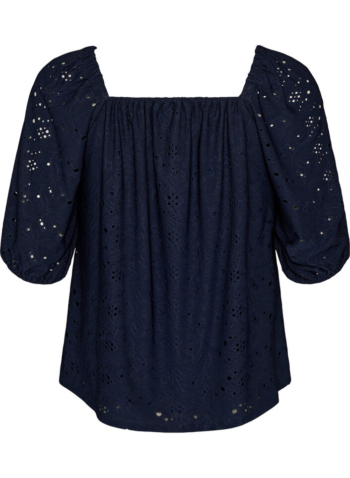 Blouse met korte pofmouwen en een opengewerkt patroon, Blauw, Packshot image number 1