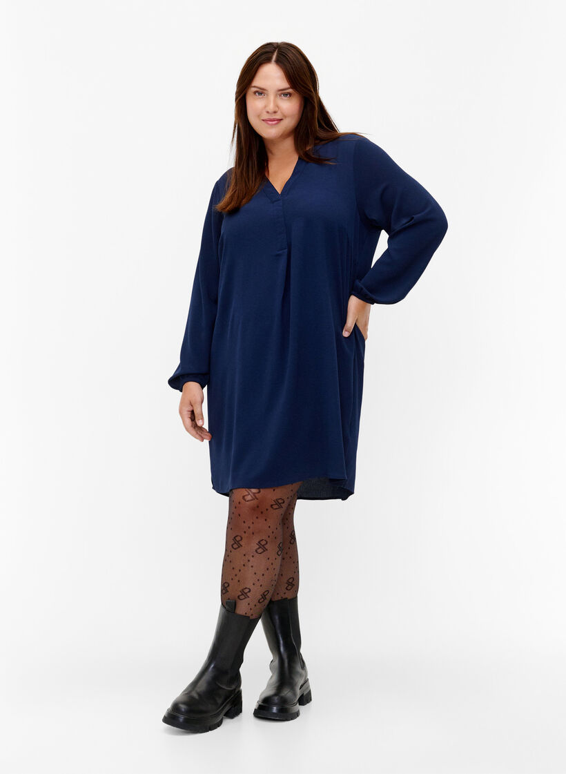Jurk met lange mouwen en V-hals, Navy, Model image number 2