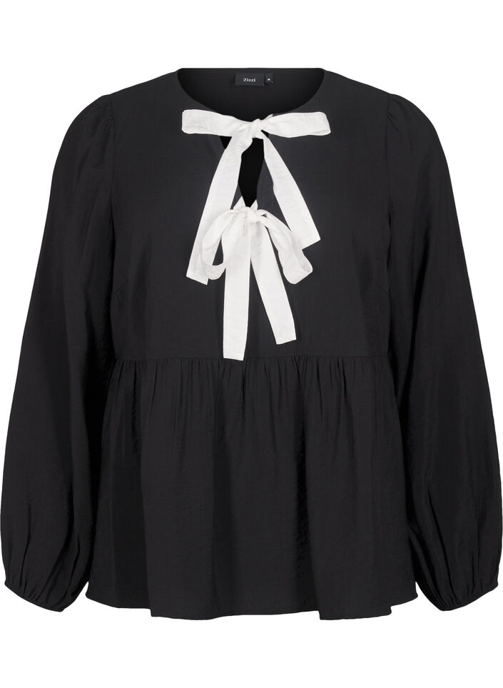 Viscose blouse met strikjes en lange mouwen, Black White Bow, Packshot image number 0