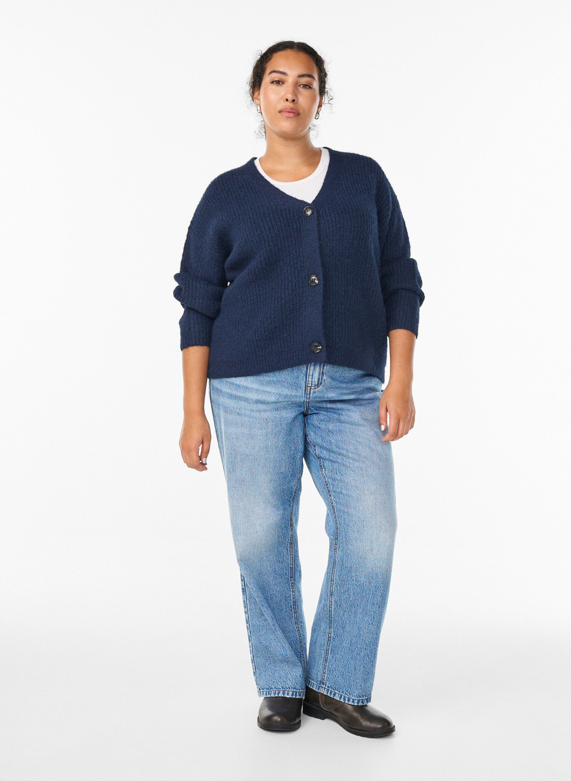 Zizzi V-hals cardigan van breisel, Blauw, Model image number 1