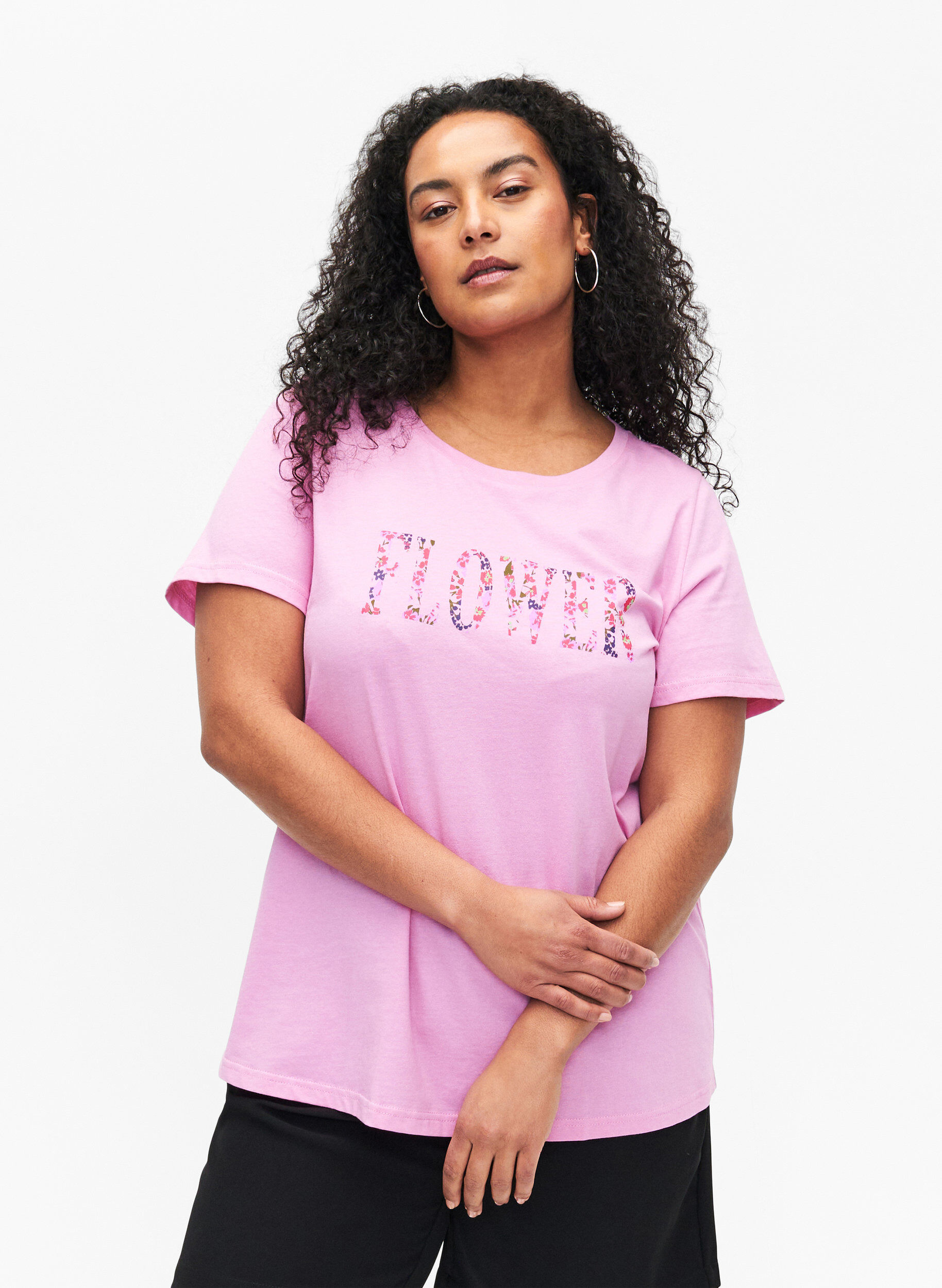 Zizzi Katoenen T-shirt met tekstopdruk, Rosebloom w. Flower, Model image number 0