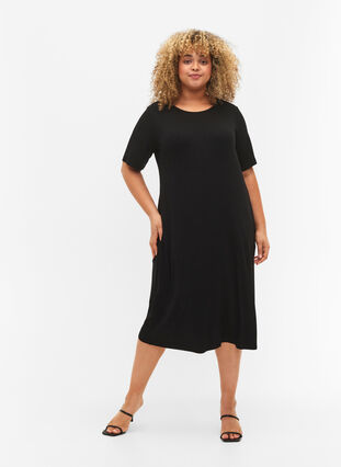 Halflange jurk met korte mouwen van viscose ribstof, Black, Model image number 2