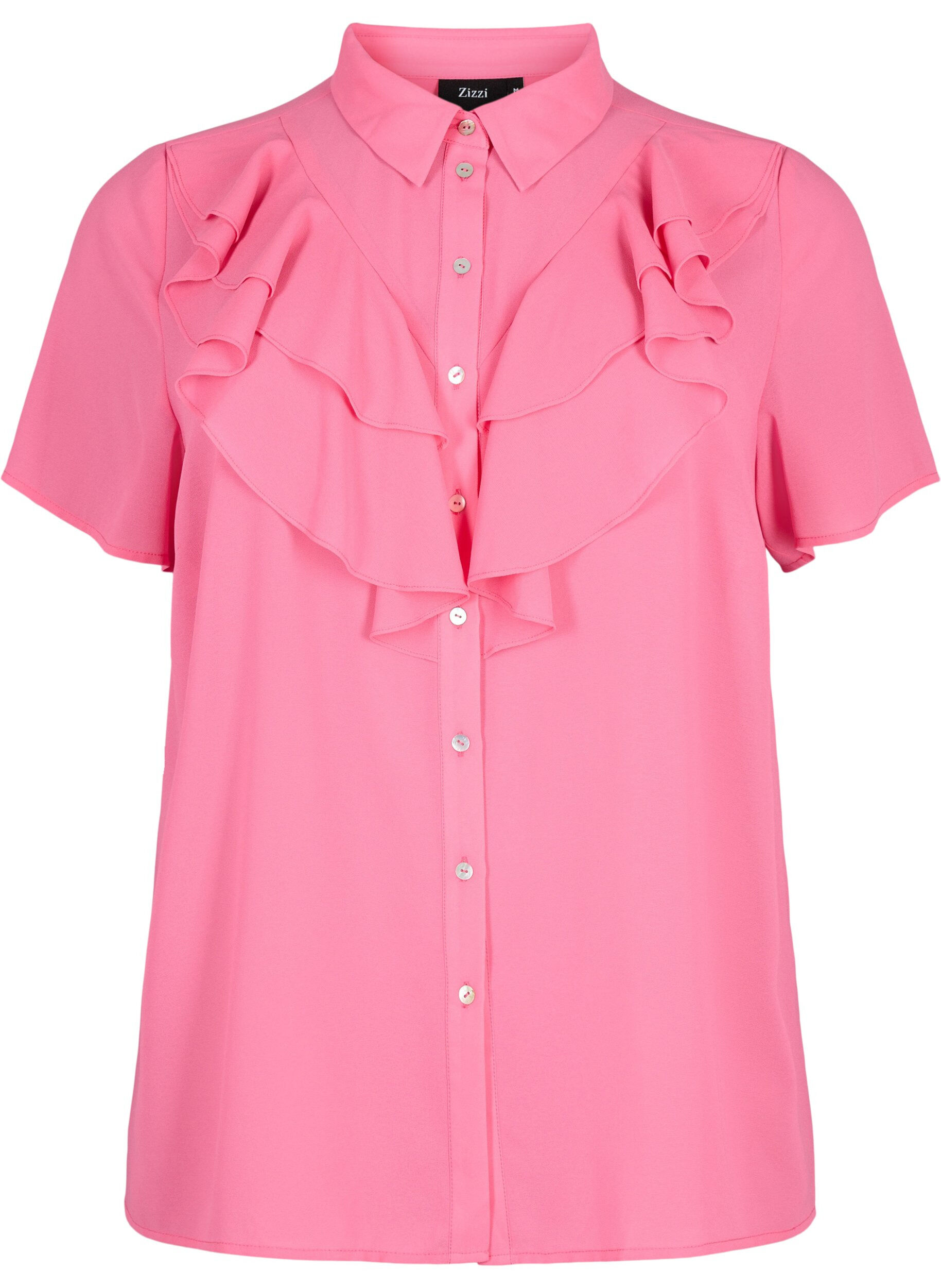 Zizzi Overhemdblouse met korte mouwen en ruches, Pink Power, Packshot image number 0