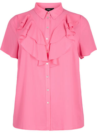 Overhemdblouse met korte mouwen en ruches, Pink Power, Packshot image number 0